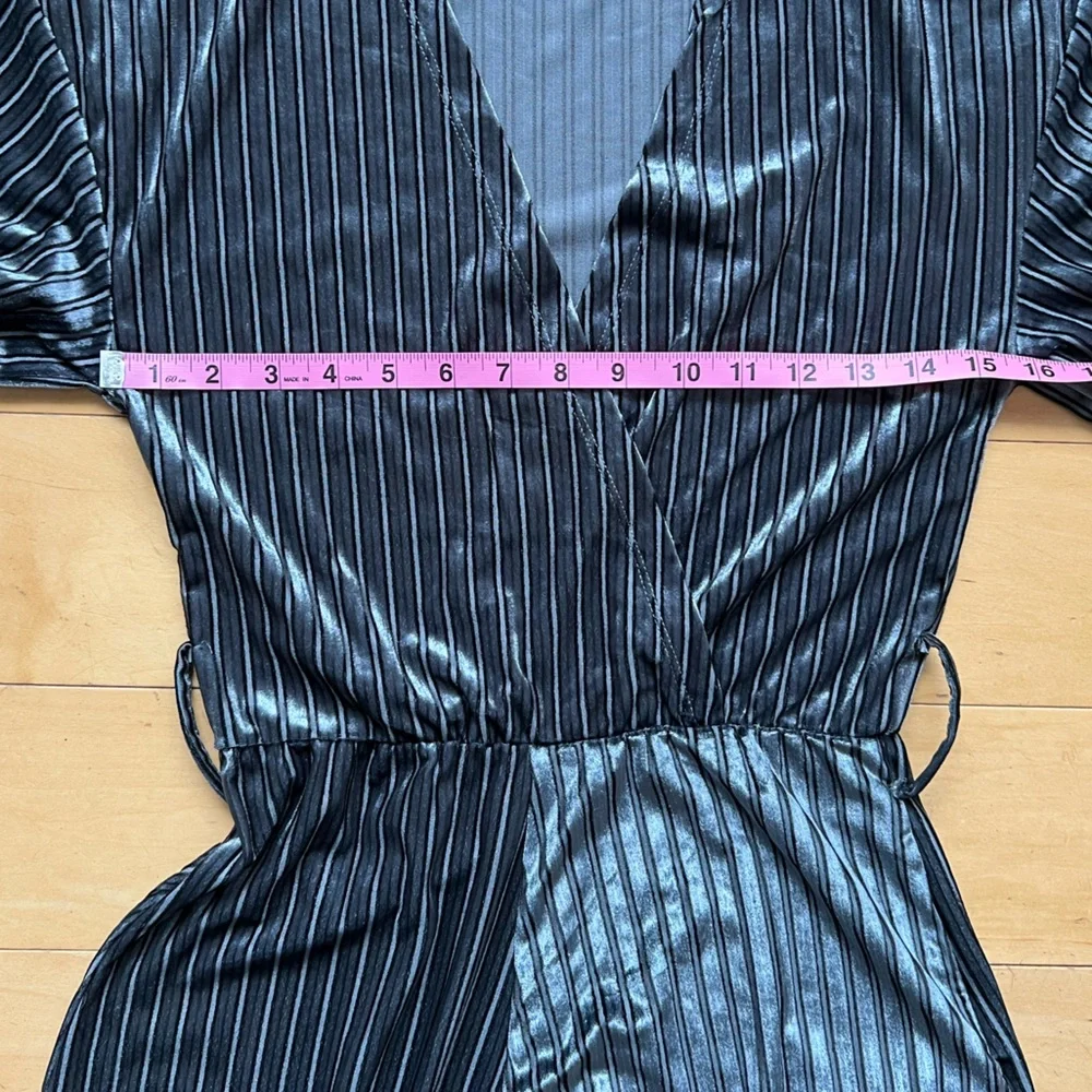 ZARA‎ Trafaluc Jumpsuit Velvet 3/4 Sleeve Striped Wide Leg Gray Blue Size Small